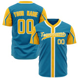 Custom Panther Blue Baseball Jersey (With Gold 3 Colors Arm Shapes)