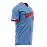 Custom Light Blue Baseball Jersey (With Red Color)