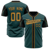 Custom Midnight Green Baseball Jersey (With Old Gold 3 Color Arm Shapes)