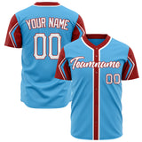 Custom Sky Blue Baseball Jersey (With Red 3 Color Arm Shapes)