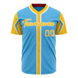 Custom Sky Blue Baseball Jersey (With Yellow 3 Color Arm Shapes)