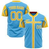 Custom Sky Blue Baseball Jersey (With Yellow 3 Color Arm Shapes)