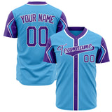 Custom Sky Blue Baseball Jersey (With Purple 3 Color Arm Shapes)