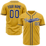 Custom Yellow Baseball Jersey (With Royal Royal Pinstripe)