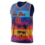 Custom Royal Orange Sunset Palm Leaves Basketball Jersey