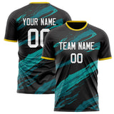 Custom Black Teal Pattern Soccer Jersey