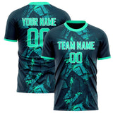 Custom Navy Teal Pattern Soccer Jersey