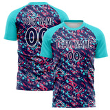 Custom Navy Teal Pattern Soccer Jersey