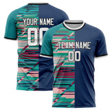 Custom Navy Teal Pattern Soccer Jersey