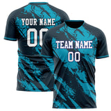 Custom Black Teal Pattern Soccer Jersey