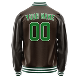Custom Brown Neon-Green Solid Color Varsity Letterman Jacket