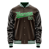 Custom Brown Neon-Green Solid Color Varsity Letterman Jacket