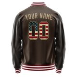 Custom Brown Cream Vintage Usa Flag Varsity Letterman Jacket