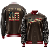 Custom Brown Cream Vintage Usa Flag Varsity Letterman Jacket