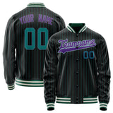 Custom Black Purple Teal Pinstripe Varsity Letterman Jacket JA02240617HF042