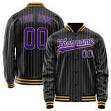 Custom Black Purple Gray Pinstripe Varsity Letterman Jacket JA02240617HF049