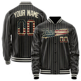 Custom Black Vintage-Usa-Flag Cream Pinstripe Varsity Letterman Jacket