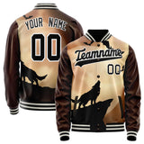 Custom Brown Black Wolf Fullmoon Party 3D Varsity Letterman Jacket JA02240617XF066