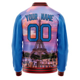 Custom Electric-Blue Black Eiffel Tower 3D Varsity Letterman Jacket JA02240617YH143