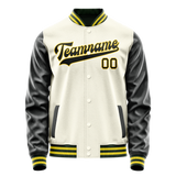 Custom Cream Black Solid Color Varsity Letterman Jacket