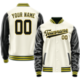 Custom Cream Black Solid Color Varsity Letterman Jacket