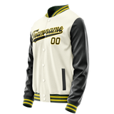 Custom Cream Black Solid Color Varsity Letterman Jacket
