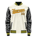 Custom Cream Black Solid Color Varsity Letterman Jacket