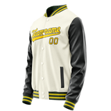 Custom Cream Black Solid Color Varsity Letterman Jacket