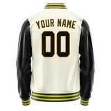 Custom Cream Black Solid Color Varsity Letterman Jacket