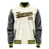 Custom Cream Black Solid Color Varsity Letterman Jacket