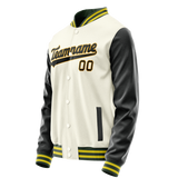 Custom Cream Black Solid Color Varsity Letterman Jacket