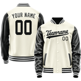 Custom Cream Black Solid Color Varsity Letterman Jacket