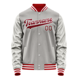 Custom Gray Red Solid Color Varsity Letterman Jacket