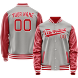 Custom Gray Red Solid Color Varsity Letterman Jacket