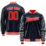 Custom Navy Orange Solid Color Varsity Letterman Jacket