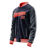 Custom Navy Orange Solid Color Varsity Letterman Jacket