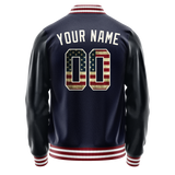 Custom Navy Cream Vintage Usa Flag Varsity Letterman Jacket