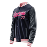 Custom Navy Pink Solid Color Varsity Letterman Jacket
