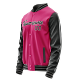 Custom Pink Black Solid Color Varsity Letterman Jacket
