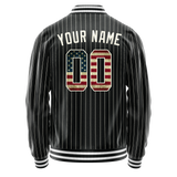 Custom Black Vintage-Usa-Flag Cream Pinstripe Varsity Letterman Jacket
