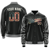 Custom Black Vintage-Usa-Flag Cream Pinstripe Varsity Letterman Jacket