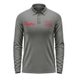Custom Dark Grey Crimson Red Long Sleeve Polo Shirt