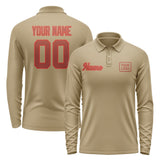 Custom Light Khaki Coral Red Long Sleeve Polo Shirt